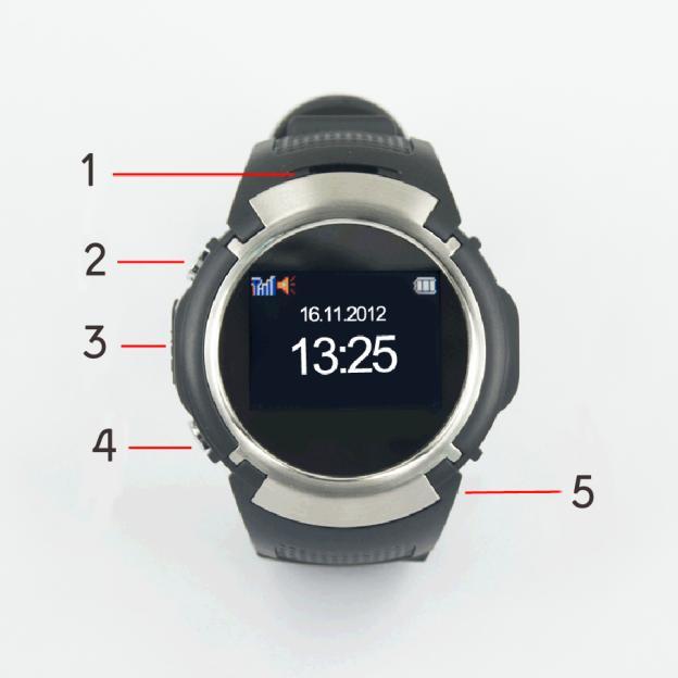 4. Introduction 4.1 key description 1 - Speaker. 2 - On/Off button, End call. 3 USB charging plug. 4 Answer button. 5 Microphone. 4.2 Key Information On standby mode, while the watch is not during a phone call Long press on button (2) turn the watch On/Off.