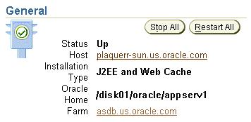 Introduction to the Upgrade Tools Figure 2 4 Using the General Section of the Application Server Home Page to Gather Information About the Oracle Application Server Environment 2.