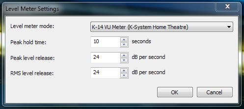 Basic Audio Editing 13 The settings dialog for the level meters. Acoustica supports the K-System metering standard proposed by the audio engineer Bob Katz.