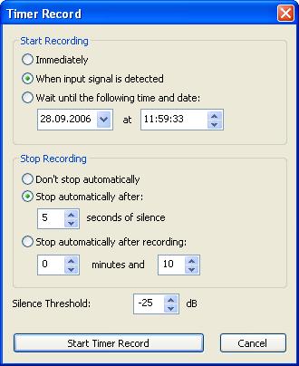 Recording 25 The Timer Record settings. You can choose to start the recording immediately (after clicking the Start Timer Record button), at a certain time and date or when an input signal is present.