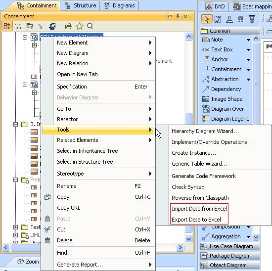 Overview of the Excel Import Figure 10 -- The Context Menu of a Class Mapping in the Containment Tree 2.
