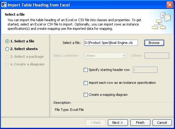 Overview of the Excel Import Note When using the wizard to import table headings as schema classes, you can also choose the option to import rows as instance specifications of the schema class.
