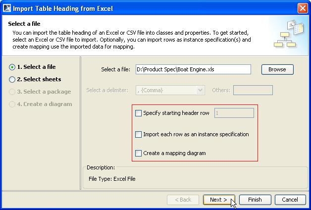 (i) Select the Specify starting header row check box if you want Excel Import to start import headings at a specific row.