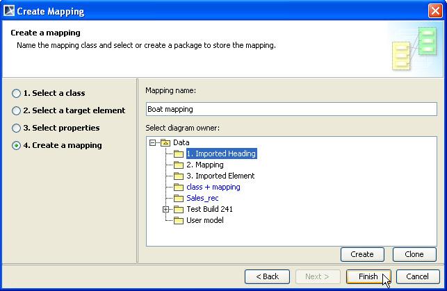 Figure 53 -- Creating Class Mapping 7. You can name the to-be-created class mapping in the Mapping name box and select a package to store the class mapping (Figure 53). 8. Click Finish.