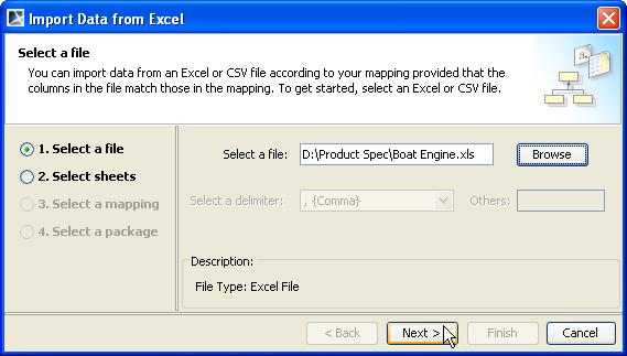 Figure 57 -- Importing Instance Specifications of Schema Class by Using the Wizard 2. Click Import Data from Excel > OK. The Import Data from Excel wizard will open (Figure 58).