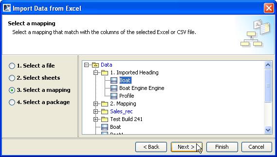 Figure 59 -- Selecting a Sheet(s) to Import 5. Select one or more sheet to import from the file and click Next (Figure 59). Figure 60 -- Selecting a Schema Class for the Instance Specifications 6.