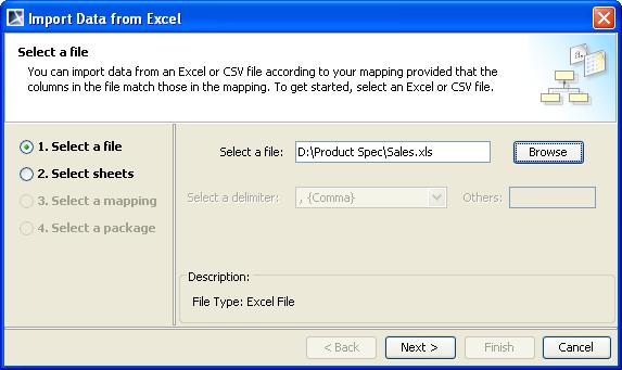 Figure 65 -- The Select a File Option Page 3. Click Browse to find an Excel or CSV file. 4. Select a file and click Open. 5. Click Next.