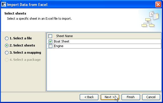 Figure 71 -- Selecting Sheets to Import Option Page 4. Select one or more sheets in the Excel file with the data to import and click Next.