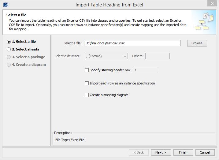 Figure 76 -- Importing table heading from Excel wizard - step one: select Excel file 5. In step three, select a target package you want to import into. 6.