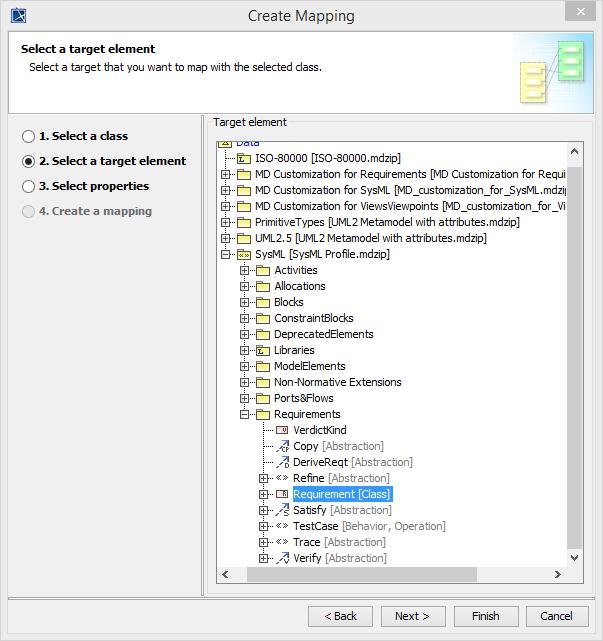 Figure 81 -- Create Mapping wizard - step two: select a target element 4. Select SysML[SysML Profile.