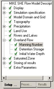 MIKE SHE Basic Exercises - Integrated Exercise 126 6.4.3 Specify the Overland flow parameters In the Overland Flow dialog (in the MIKE SHE GUI), specify Mannings M equal to zero.