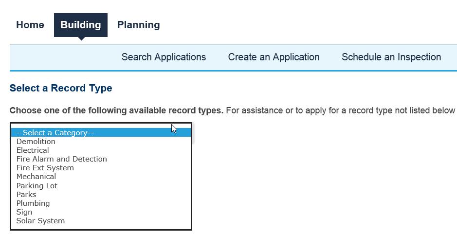 Page 18 5. Select type of application you want from the drop down list.