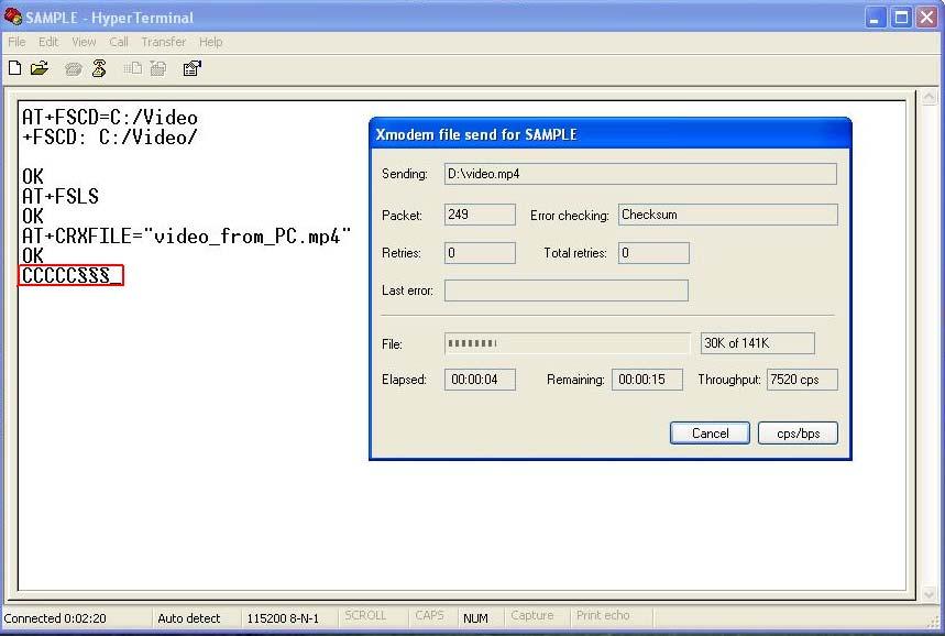 After start file transmission, it can t emit any AT commands utill transmission stops. In Xmodem file send dialog box, it will display the process of transmission.