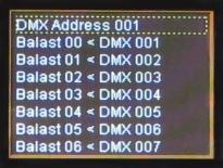 The option DMX address 001 is responsible for determining the DMX start address, according to which are automatically assigned consecutive DMX channels to all of the ballast.