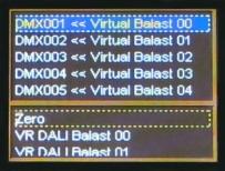 Then the selected option is highlighted in blue, and the using buttons or You can change the value of the DALI ballast virtual number assigned to a specific DMX channel or a zero value (when to the