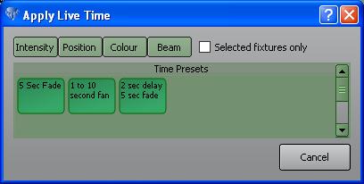 If the Time Preset was recorded using 3 fixtures and it is then applied to 12 fixtures, it will apply the Time Preset to the first 3, then apply it again to the next 3, the next 3 and so on.