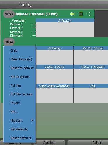 Clarity Programmer Page 159 Fixture quick menu selector Clicked quick menu showing options 21.13.