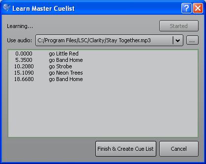Control Booth Page 186 Clarity Press Finish & Create Cue List to create the new master cue-list.