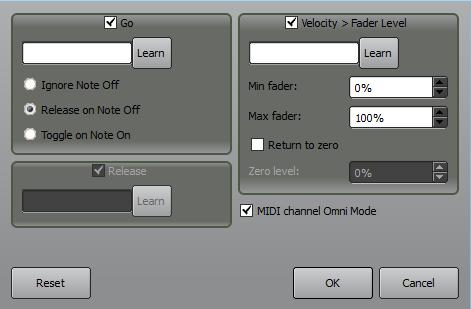 Clarity MIDI Page 211 The MIDI Trigger dialogue box opens Ticking the Go box allows a MIDI note to play the cuelist.