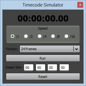 4 SIMULATOR Selecting Show/Timecode/Simulator opens a Timecode generator that provides Timecode for testing time code controlled Timeline playback when an external feed of Timecode is not available.