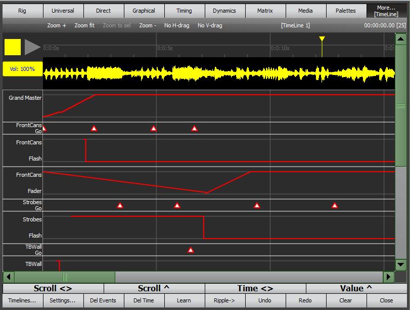 Timelines Page 214 Clarity 33.1 OVERVIEW 33 Timeline Timeline allows playback to be synchronised to either timecode, an internal timer or to an audio track played back by Clarity.