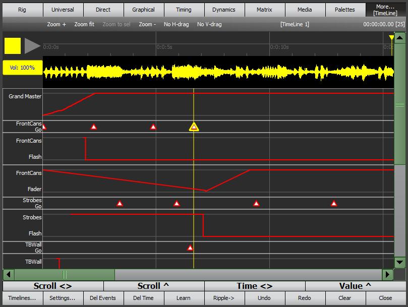 Timelines Page 218 Clarity To adjust the audio volume click and drag in the Vol: box. You can drag left and right or up and down. The volume value is also learned as part of the timeline.