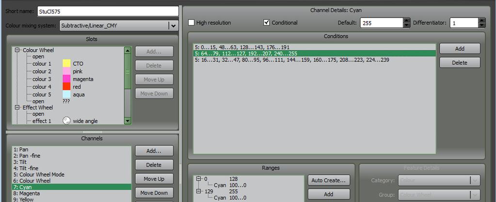 Fixture Editor Page 252 LX300 different DMX slot (for example, at the end of the channel assignments) select the fine channel and click Move Up or Move Down or drag and drop to change the order 41.5.4 Conditional Channel Some fixtures use the values of one DMX channel to determine the functions of another DMX channel.