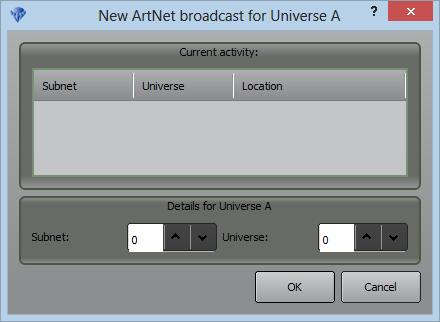 Selecting ArtNet (above) will take you to a configuration dialog specific for that connection type. ArtNet supports 256 DMX universes.