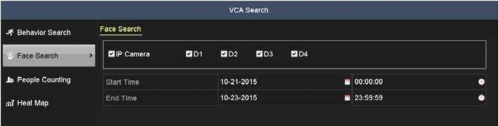 SECTION 6: VCA FEATURES 6.16.2 Face search Face Search displays occurrences of the VCA Face Detection feature. This feature must be enabled and configured in a camera before using a VCA Search.