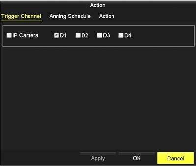 To deselect an area selected for motion detection, drag a rectangle across that area. To clear all areas selected, click Clear. e. Click Settings to open the Settings Trigger Channel tab window. f. In the Trigger Channel window, select the other channels that should trigger recording on this channel, then click Apply to save your settings.