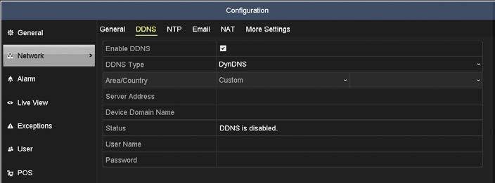SECTION 9: NETWORK SETTINGS DynDNS: i. Enter Server Address for DynDNS (i.e. members.dyndns.org). ii. iii. In the NVR Domain Name text field, enter the domain obtained from the DynDNS website.