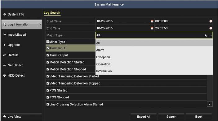 SECTION 10: SYSTEM MAINTENANCE 10.2 Log Information, Log Export System log information is continuously generated and saved in log records.