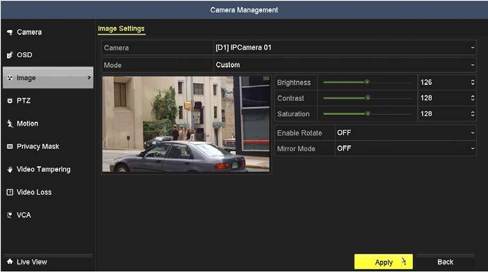 SECTION 2: INITIAL SETUP OF AN NVR 2.3.2 Camera Image setup 1. Click Image in the left frame to open the Image submenu. 2. In the Camera field drop down list, select the camera you want to configure.