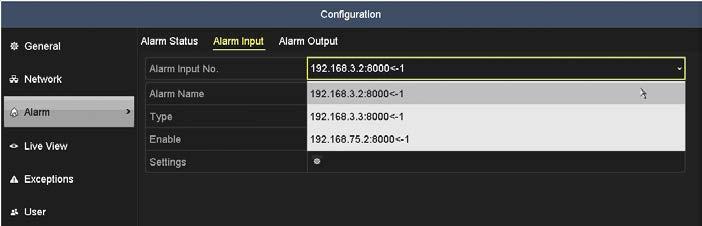 drop down list and select the alarm input you want to configure. In the example above, Local<-1 is selected. 3. Open the Type drop down list and select the active state of the alarm. Choose either N.