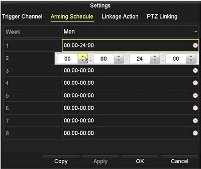 SECTION 2: INITIAL SETUP OF AN NVR 5. Click Settings icon to open the alarm response actions menus. 6. Select the Trigger Channel tab, if not selected.