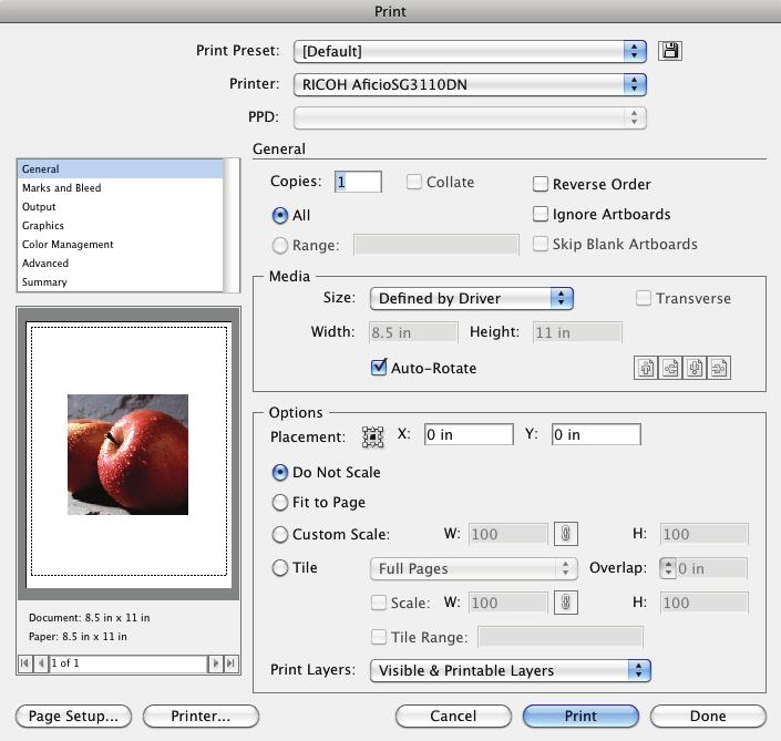 Printing from dobe Illustrator with the RIOH ficiosg30dn 6.) With the correct color settings entered, you are now ready to print. In the menu bar, click File > Print.