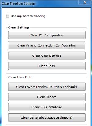 Troubleshooting Clear IO Configuration: Erase the Input and Output configuration. Clear Furuno Connection Configuration: Erase various Furuno Connection and Synchronization settings.