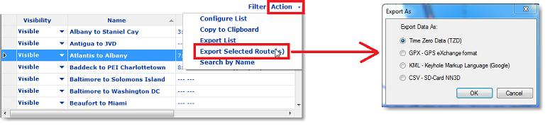 Routes If you want to export only one route or a specific selection of routes, you can use the "Action" menu of the Route List: Open the "Routes List" by using the "List" button Select one or