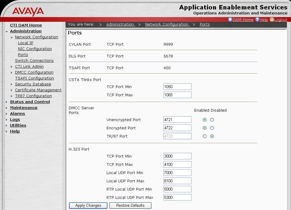 4. Configure Avaya AES This section provides the procedures for configuring Avaya Application Enablement Services. The procedures include the following areas. Administering Port Properties.