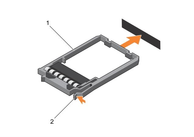 Figure 27. Removing and installing a 2.5 inch hard-drive/ssd blank 1. hard-drive/ssd blank 2. release latch Figure 28.