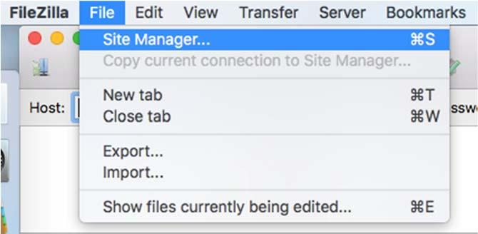 2. Go to the Site Manager a. For Mac Users: File > Site Manager b. For PC Users: File > Site Manager 3.