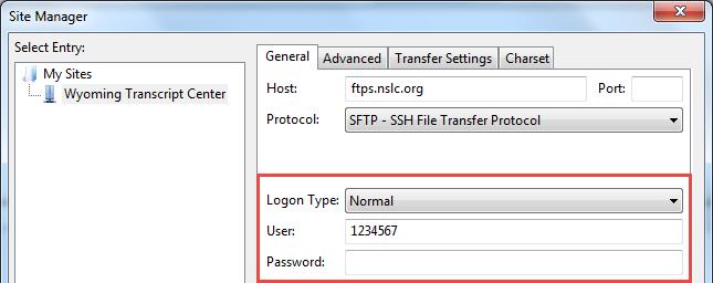 4. Change the configuration for this site to the following: a. Logon Type: Ask for password b. User: Populate your new SFTP user name (e.g. 1234567wytc) c.