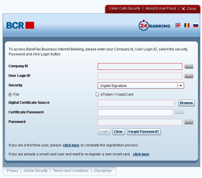 4.1.2 Logon with Digital Signature security To login as user with Digital Security, select Digital Certificate in Security. The login page will open with Digital Certificate screen.
