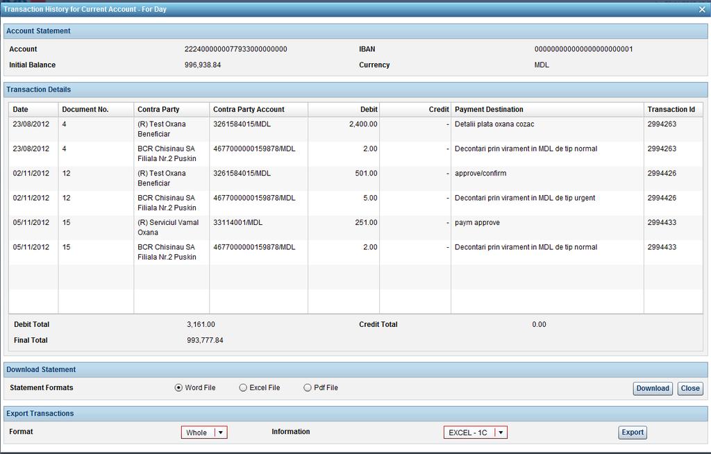 To download available transaction history, select the format/type of file to download into and click Download button.