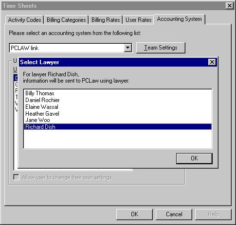 2 Click on the Accounting System tab. 3 Highlight the first Amicus Attorney Timekeeper and click the Edit button. 4 In the Select Lawyer dialog, choose the corresponding PCLaw Lawyer and click OK.