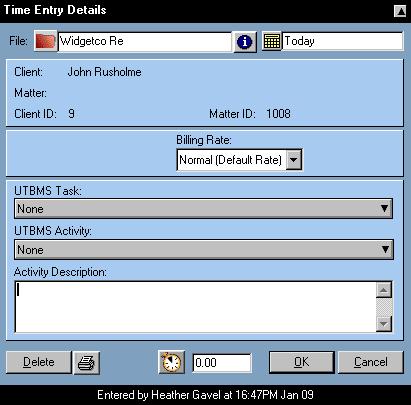 In the Time Entry dialog the UTBMS Task drop-down will include both task-based billing Tasks and regular Activities, while the UTBMS Activity drop-down will include the UTBMS Activities.