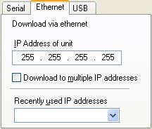 Click the Ethernet tab to set up an Ethernet port. IP Address of Unit Enter the IP address assigned to the Qlarity-based terminal, or select it from the drop-down list of recently used IP addresses.