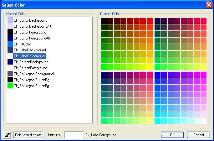 The current color of the property is displayed beneath the palette. If it is a named color, the named color label is highlighted in the list.