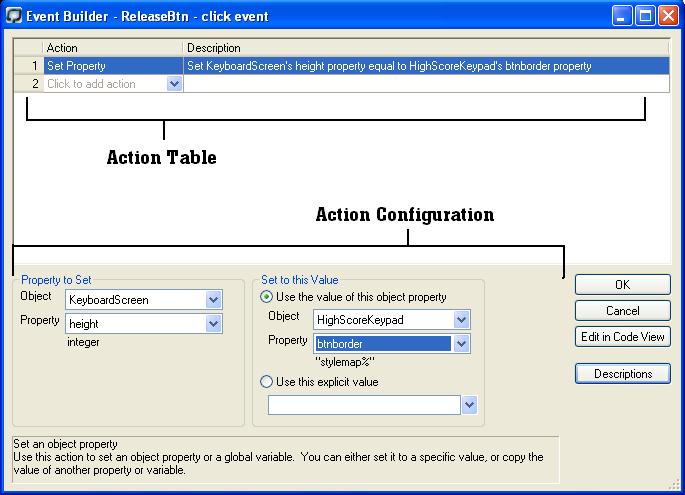 Basic Design Event Builder The Event Builder dialog box contains the action table that lists all actions assigned to the selected event and the action configuration that contains options to set up