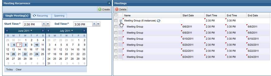 Notice in the example below that 6 dates were selected, resulting in a meeting group that can be expanded to reveal the 6 instances. Meeting groups can be edited and scheduled as a series.